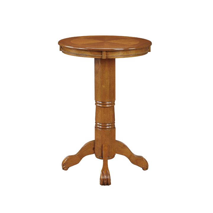 Ava 42 Inch Wood Pub Bar Table, Sunburst Design, Carved Pedestal, Oak-Benzara