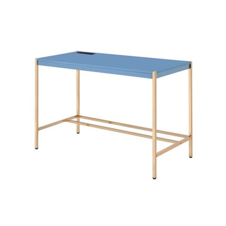Writing Desk with USB Dock and Metal Legs, Blue and Rose Gold-Benzara