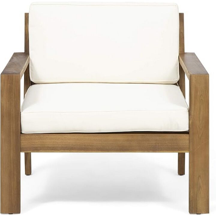 Outdoor Accent Chair, Slat Panel, Wire Brush Acacia Wood, Ivory Fabric - Benzara