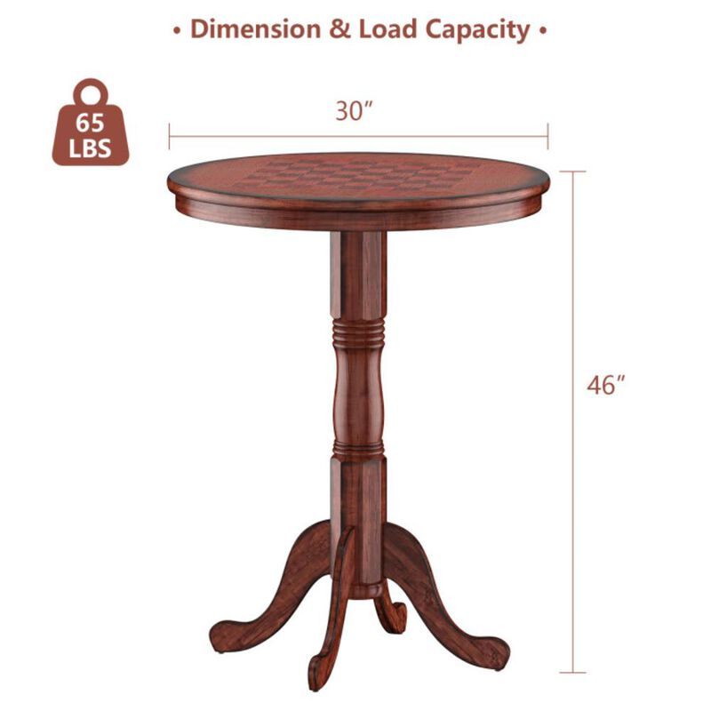 Hivvago 42 Inch Wooden Round Pub Pedestal Side Table with Chessboard