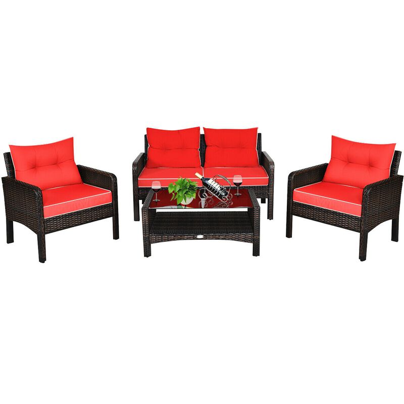 4 Pieces Outdoor Rattan Wicker Loveseat Furniture Set with Cushions