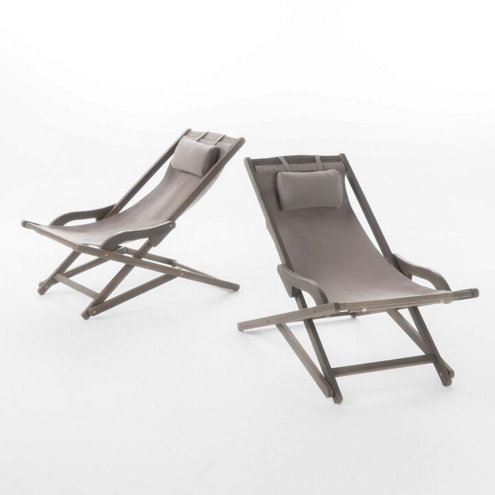 Mikki Portable Sling Chair Set of 2 with Pillows, Gray Polyester, Wood Base