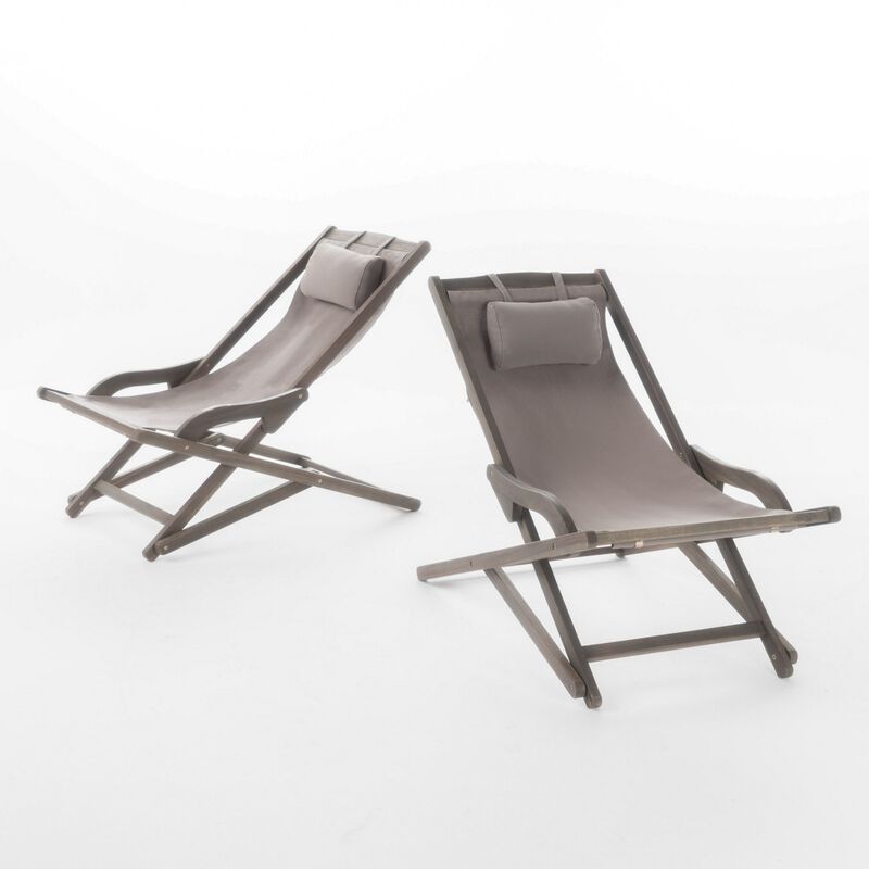 Mikki Portable Sling Chair Set of 2 with Pillows, Gray Polyester, Wood Base