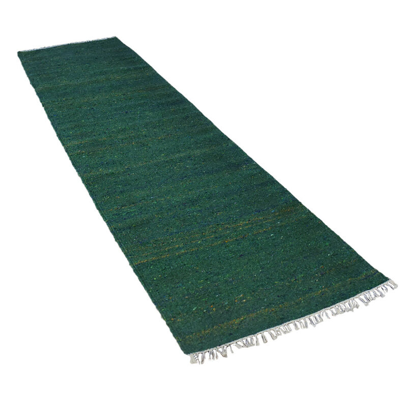 RUGSOTIC CARPETS HAND WOVEN FLAT WEAVE KILIM COTTON & POLYESTER ECO-FRIENDLY AREA RUGS  - 2'6"x8', Runner Shape, Dark Green Color, Solid Plain Design, Low Pile  Handmade Area Rugs (DCP111)