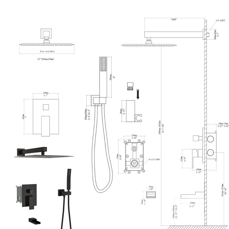 12" Rain Shower Head Systems With Waterfall Tub Spout, Oil Rubber Bronze, Wall Mounted Shower