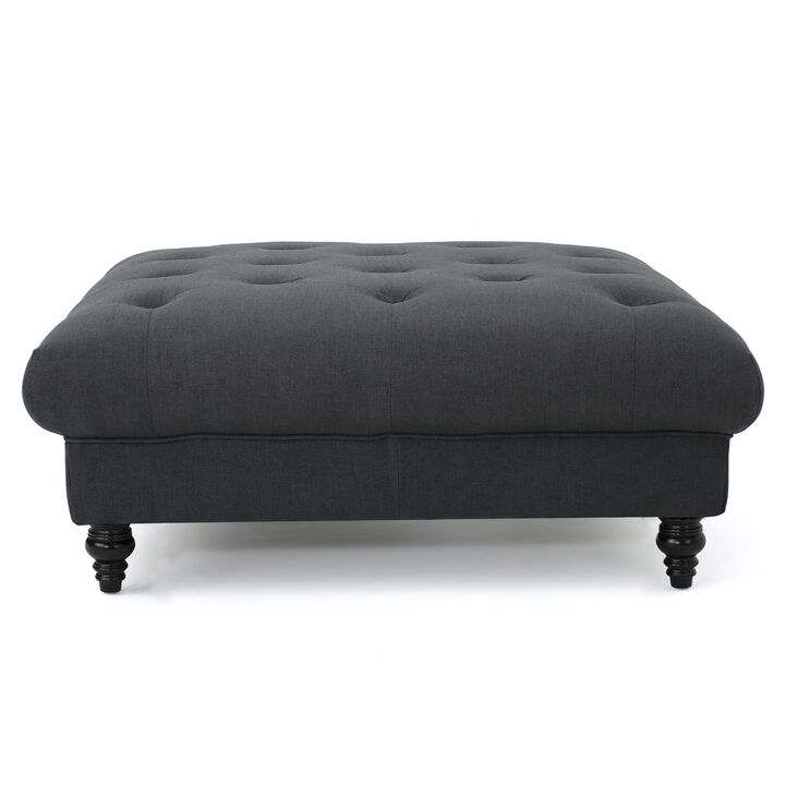 Capri Ottoman, Tufted Dark Gray Fabric, Birch Wood, Square 41 Inch -Benzara
