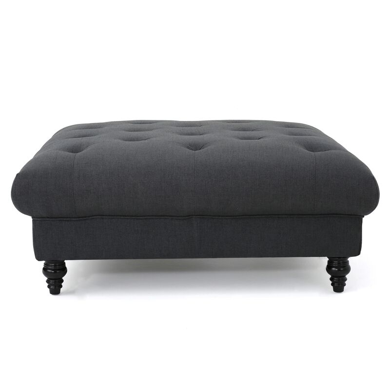 Capri Ottoman, Tufted Dark Gray Fabric, Birch Wood, Square 41 Inch -Benzara