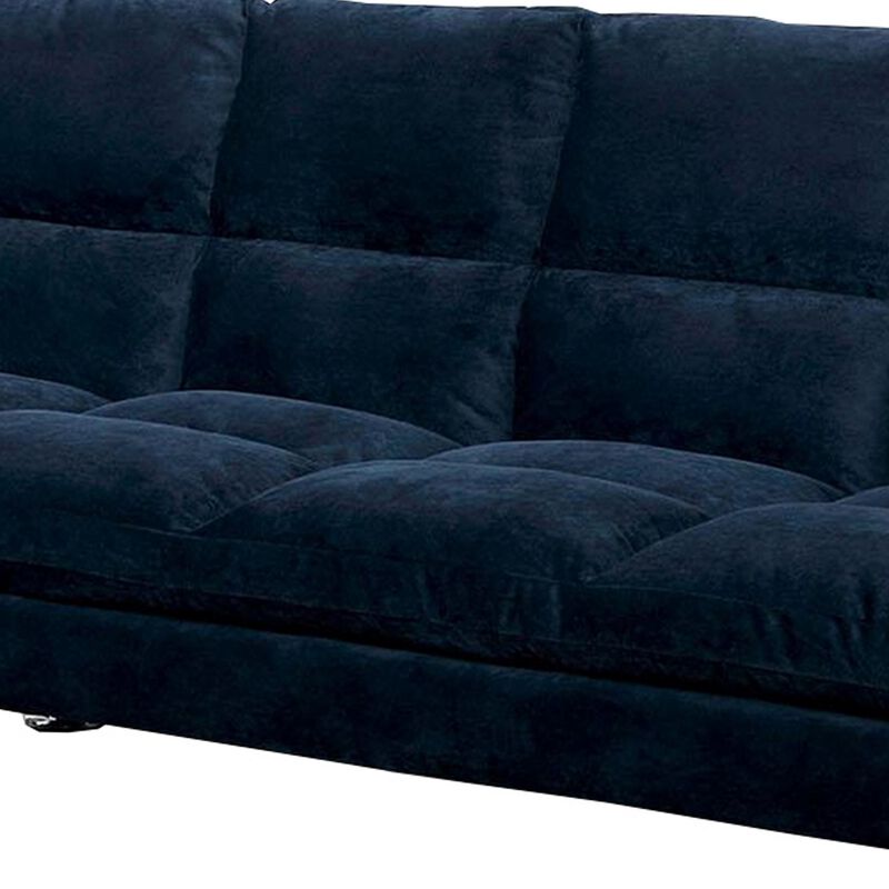 Futon Sofa with Tufted Padded Seating and Metal Legs, Blue-Benzara