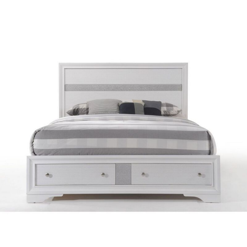 Classy Queen Size Bed With Storage, White-Benzara