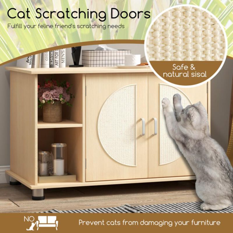 Hivvago Cat Litter Box Enclosure with Sisal Scratching Doors and Adjustable Metal Feet-Natural