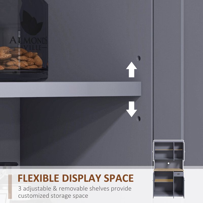 71" Farmhouse Buffet Hutch: Gray, Microwave Space, Adjustable Shelves