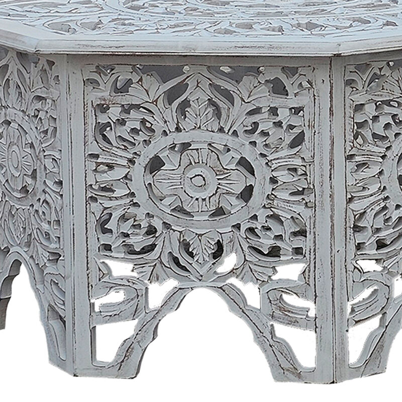 Nesting Coffee Tables, Set of 2, Handcrafted Carved Cut Out Floral Motifs, Antique White and Gray - Benzara