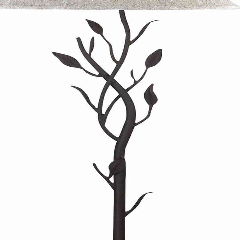 Metal Floor Lamp with Leaf Accent Body and Fabric Bell Shade,Black and Gray-Benzara
