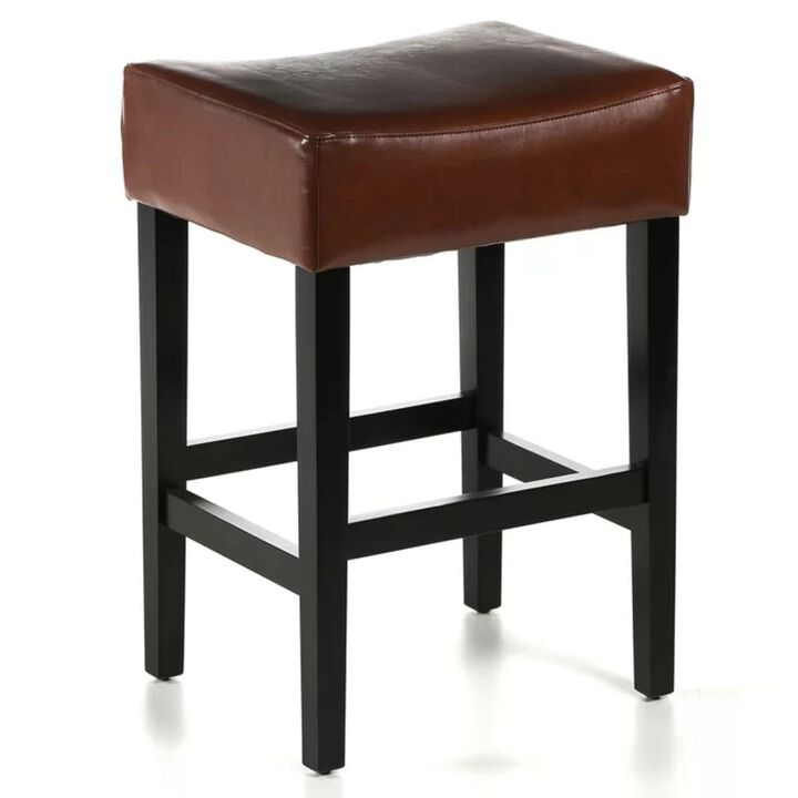 Piya Counter Stool Set of 2, Backless, Brown Bonded Leather, Black Legs - Benzara
