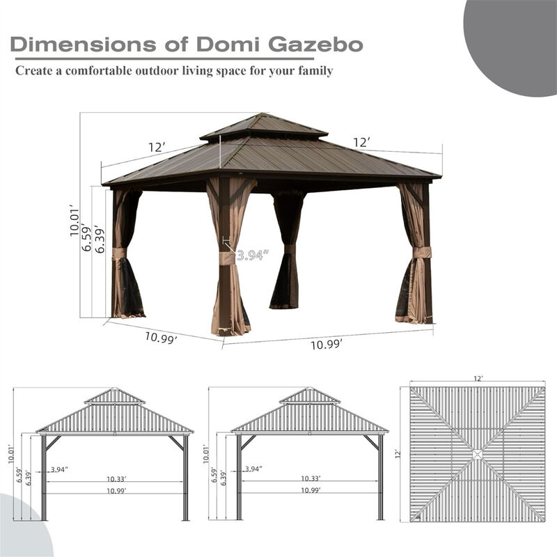 12' X 12' Hardtop Gazebo, Aluminum Metal Gazebo Withnized Steel Double Roof Canopy