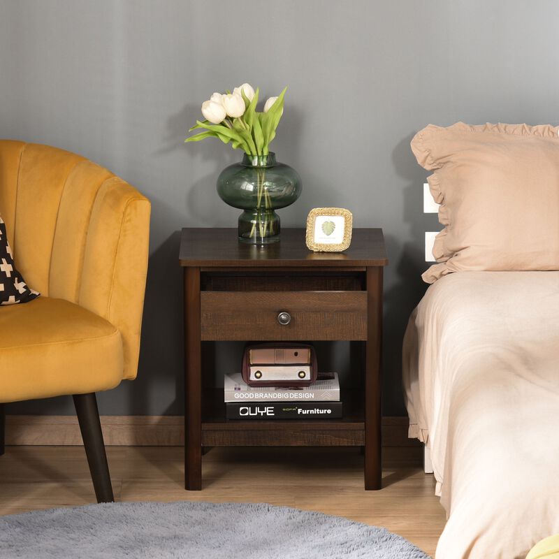 Dark Brown Nightstand: Compact Bedside Table with Drawer and Shelves