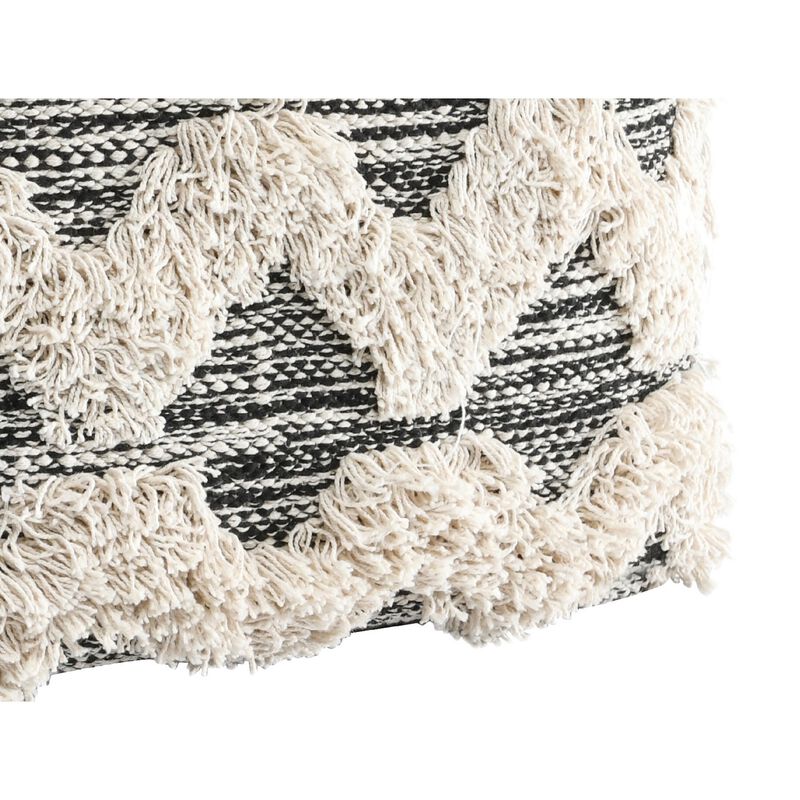 18 Inch Square Cube Accent Pouf, Zig Zag Shag Woven Pattern, Black, White-Benzara