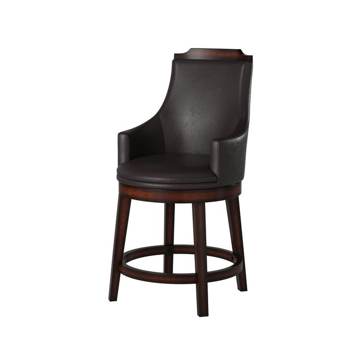 Wood & Leather Counter Height Chair with Swivel Mechanism, Brown & Black, Set of 2-Benzara
