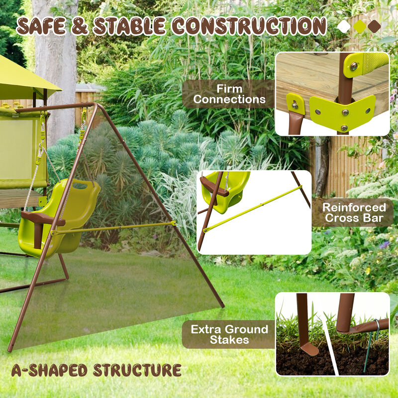 4-in-1 Swing Set with Covered Playhouse Fort and Height Adjustable Baby Seat