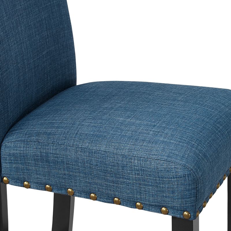 Bar Chair with Fabric Seat and Nailhead Trim, Set of 2, Blue-Benzara