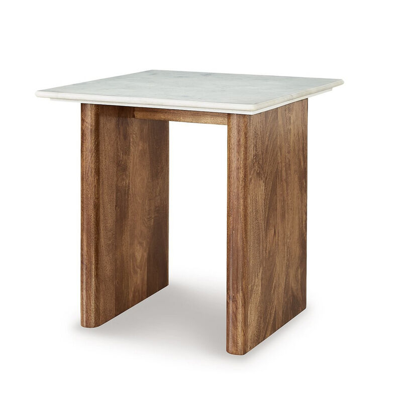 Wrenn Side End Table, Marble Top, 24 Inch Rectangular Brown Mango Wood - Benzara
