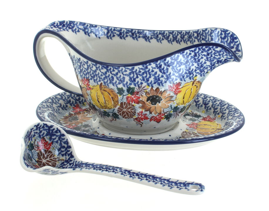 Blue Rose Polish Pottery Sapphire Fields Gravy Boat & Ladle