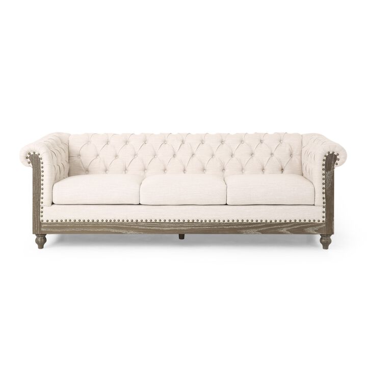 Ober Sofa, Rivets Chesterfield Button Tufted Beige,  Natural Brown