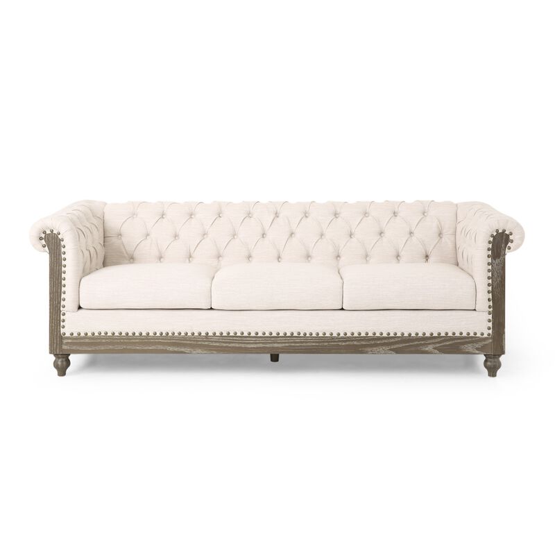 Ober Sofa, Rivets Chesterfield Button Tufted Beige,  Natural Brown