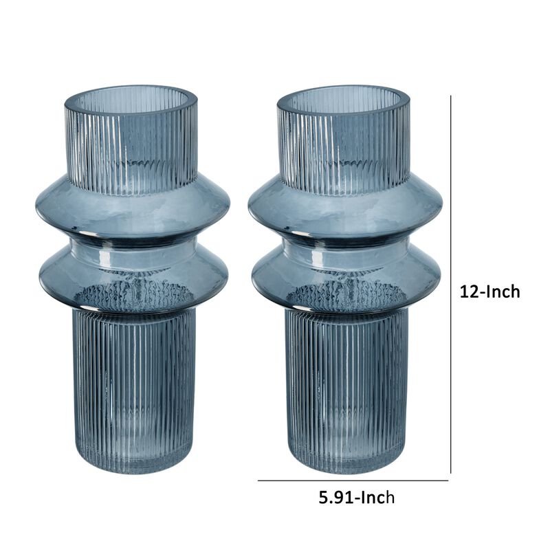 Rae Set of 2 Glass Vases, Tall Round Cylinders, Smokey Blue, Clear Finish-Benzara