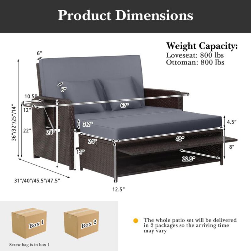 Hivvago Patio Rattan Daybed with 4-Level Adjustable Backrest and Retractable Side Tray