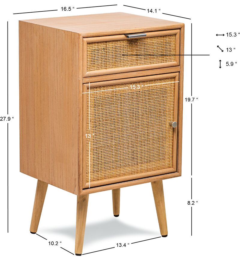 Scandinavian Bedside Table in Wood with Rattan Drawer