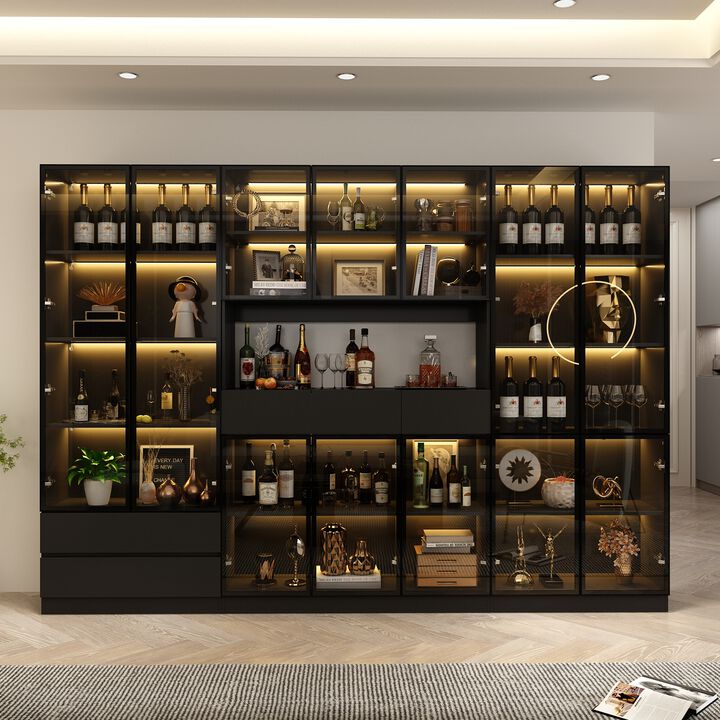 FUFU&GAGA Black Wine Cabinet with LED Lighting, Glass Doors, and Adjustable Shelves – Modern Farmhouse Style Display Storage,(110.2" L x 14.2" W x 78.7" H),Black