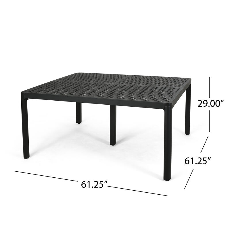 Riley Outdoor Dining Table, Square 61 Inch Matte Black Metal Lattice - Benzara