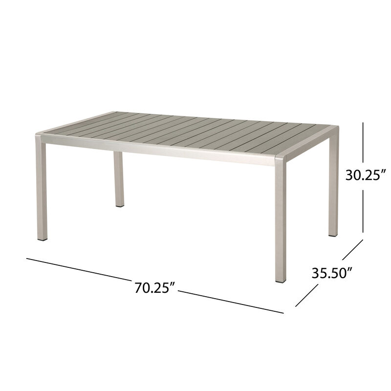 Eoin Outdoor Dining Table, Rectangular 71 Inch Gray Faux Wood, Metal Frame - Benzara