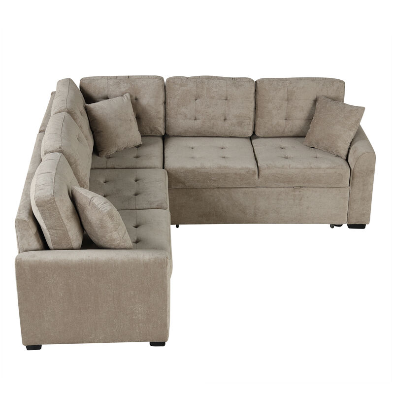 82.6" L-shape Sofa Bed Pull-out Sleeper Sofa with Wheels, USB Ports, Power Sockets for Living Room (SG001230AA), Khaki