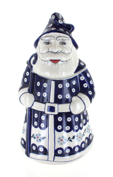 Blue Rose Polish Pottery Garden Bouquet Santa Cookie Jar