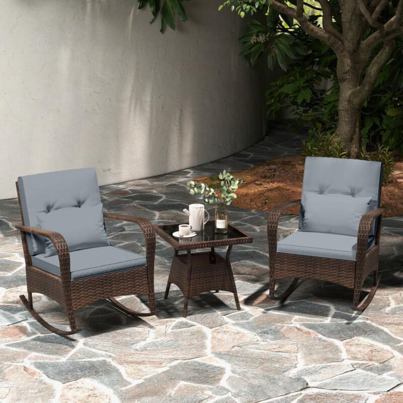 Hivvago 3 Pieces Outdoor Rocking Set with Tempered Glass Coffee Table for Backyard Poolside