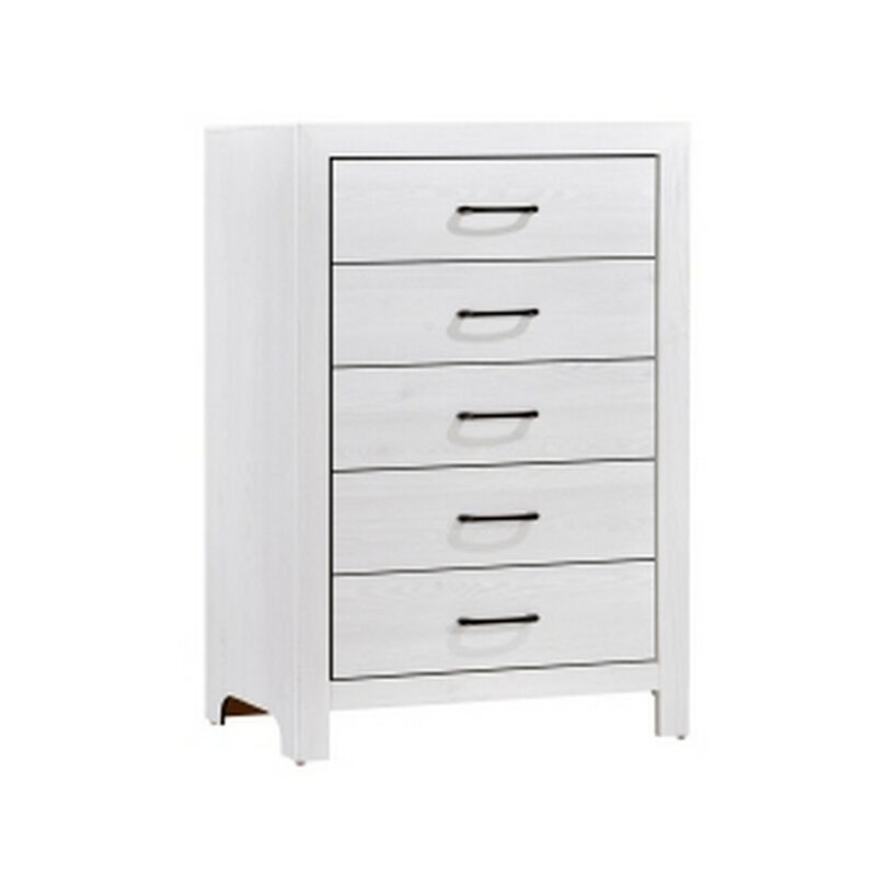 Eby 48 Inch Tall Dresser Chest, 5 Drawers with Black Nickel Handles, White - Benzara