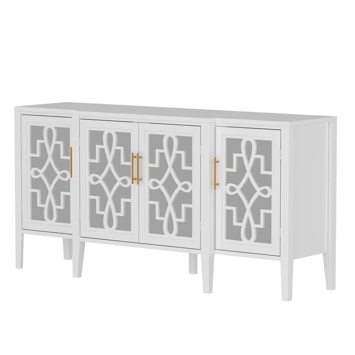 White Wooden Accent Storage Cabinet, Sideboard, Dresser with 6-Shelves and 4-Mirrored Doors