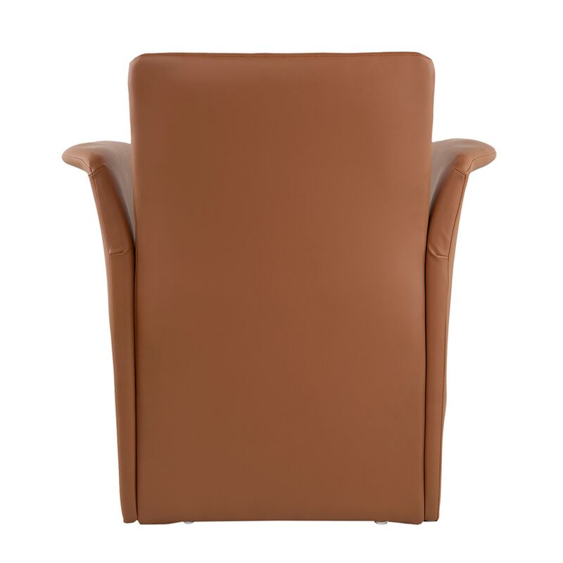 32 Inch Accent Chair, Curved, Extended Back, Caramel Brown Faux Leather - Benzara