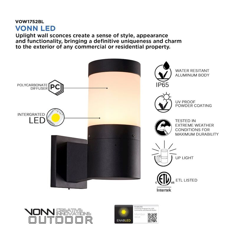 VONN Lighting Modern VOW1752BL 5-Watt Integrated LED Outdoor Wall Sconce in Matte Black