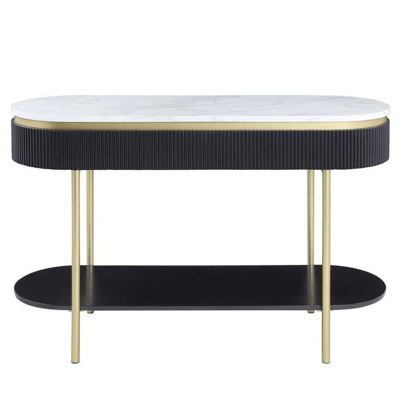 Ville 48 Inch Oblong Sofa Console Table, White Faux Marble Top, Reeded Edge-Benzara