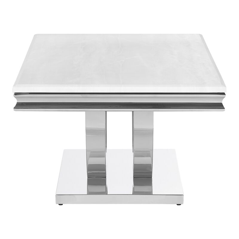Kas 51 Inch Rectangular Coffee Table, White Stone Top, Polished Chrome Base - Benzara