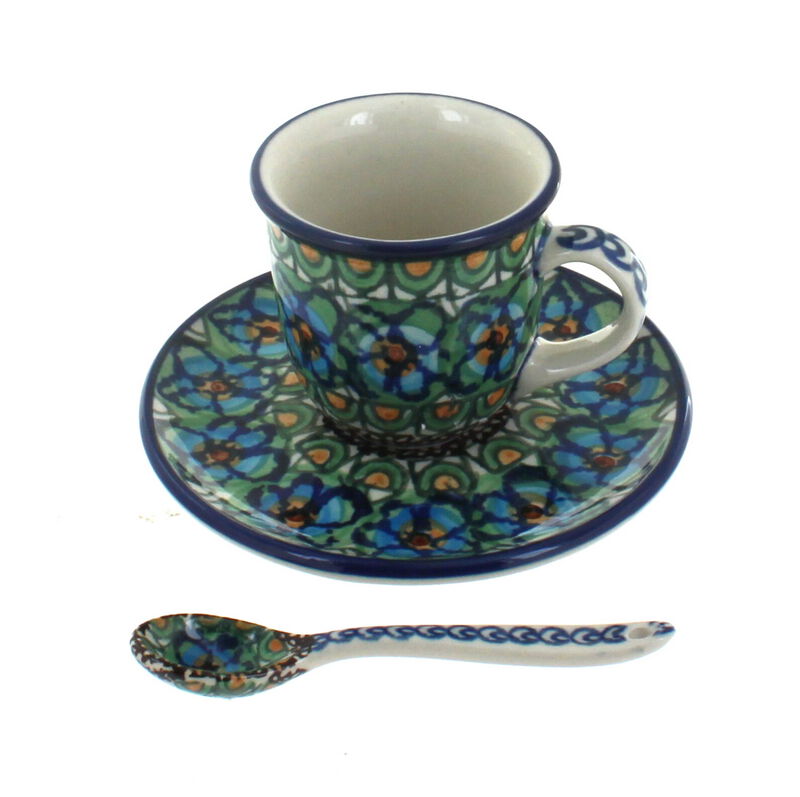 Blue Rose Polish Pottery Blue Fleur Espresso Cup & Saucer with Spoon