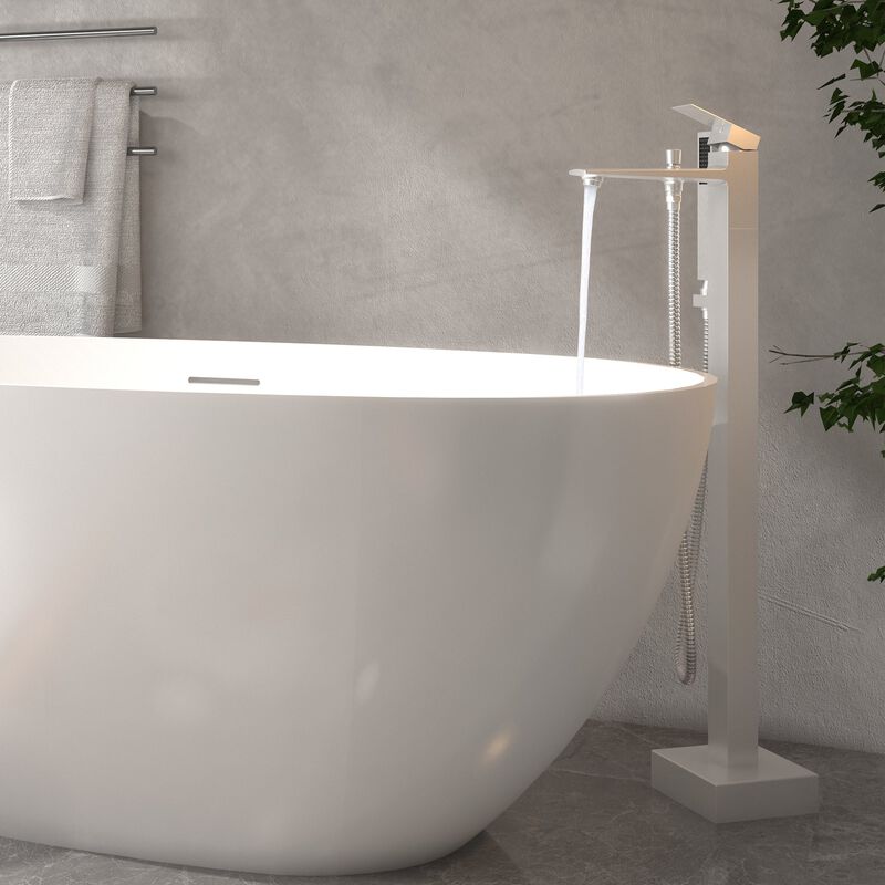 Mondawe One-Handle Brushed Nickel Floor Mount Freestanding Tub Faucet with Handheld Shower