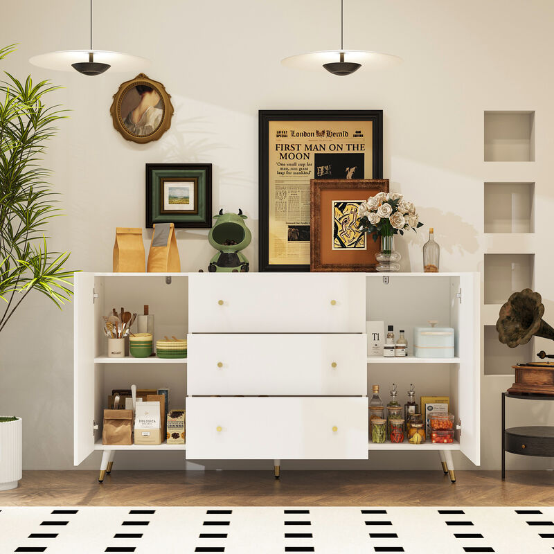 FUFU&GAGA Modern White Sideboard with Two Doors and Three Drawers, Gold Tapered Handles, and Storage Shelf (63" W x 15.7" D x 35.4" H), White