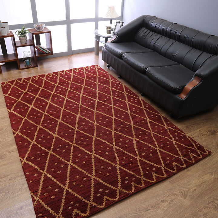 HAND KNOTTED WOOL Geometric AREA RUGS  - 10'x14', Rectangle Shape, Red Gold Color, Geometric Modern, Medium Pile Handmade Area Rugs for Living Room, Bed Room (N01118)