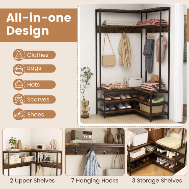 Corner Garment Rack with Open Shelves and 7 Hooks Shoe Bench