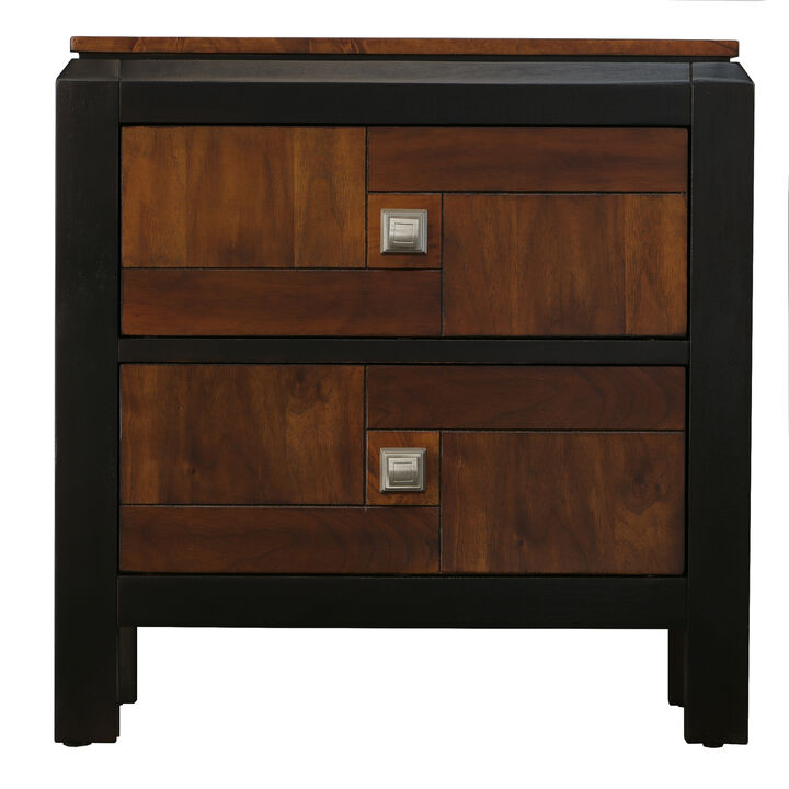 28 Inch Handcrafted Bedside Nightstand, 2 Drawers, Sleek Wood Pattern, Square Knobs, Walnut Brown-Benzara