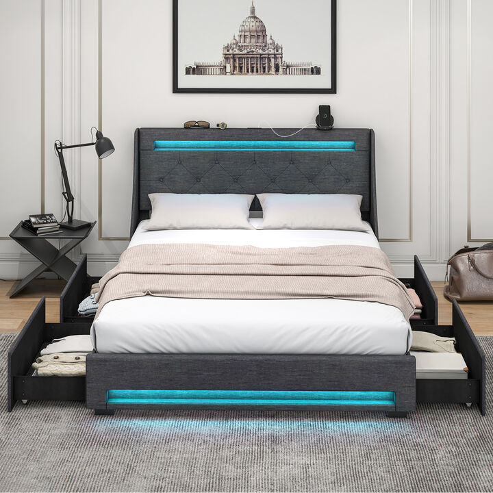 Upholstered Platform Bed Frame with LED Lights and Built-In Charging Station for Modern Convenience and Style